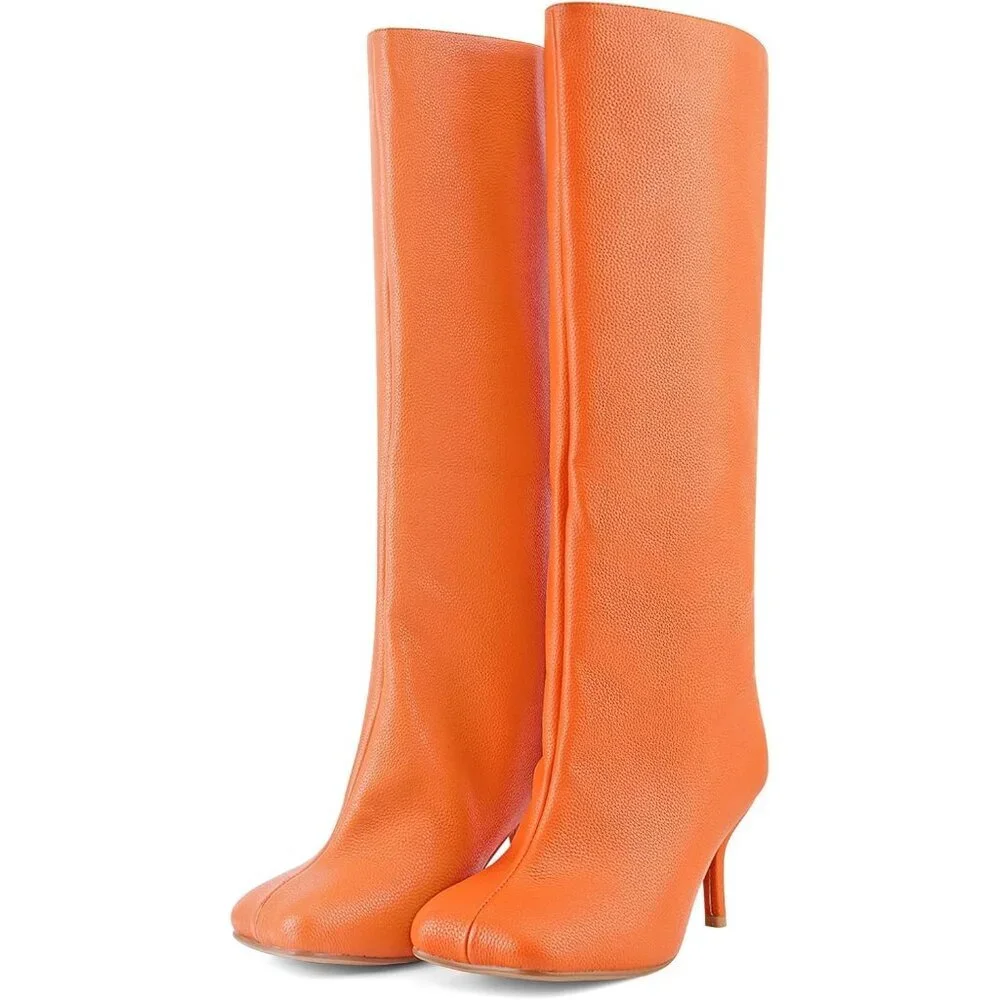 Women's Orange Lychee Wide Calf Square Toe Stiletto Heels Knee High Suede Boots